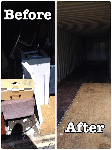 Before and after of a shipping container packed with appliances and boxes emptied to a bare plywood floor.