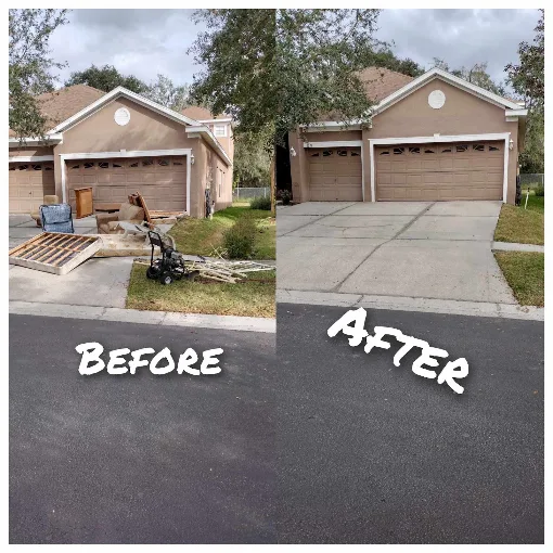 Before and after of a driveway cleared of old furniture, lumber, and a pressure washer outside a two-car garage home.
