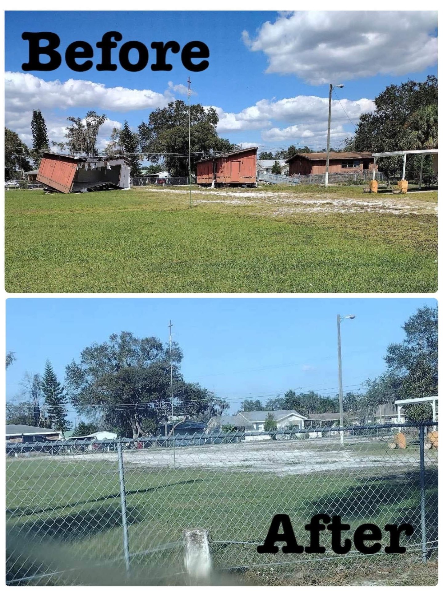 Before and after of a trailer and office structure demolished and removed from a cleared lot.