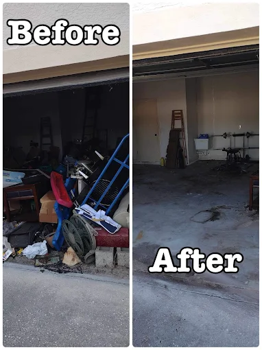 Before and after of a packed residential garage emptied down to a clean concrete floor.