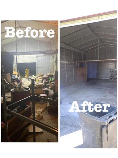 Before and after of a metal pole barn full of scrap and debris cleared to an open concrete bay.