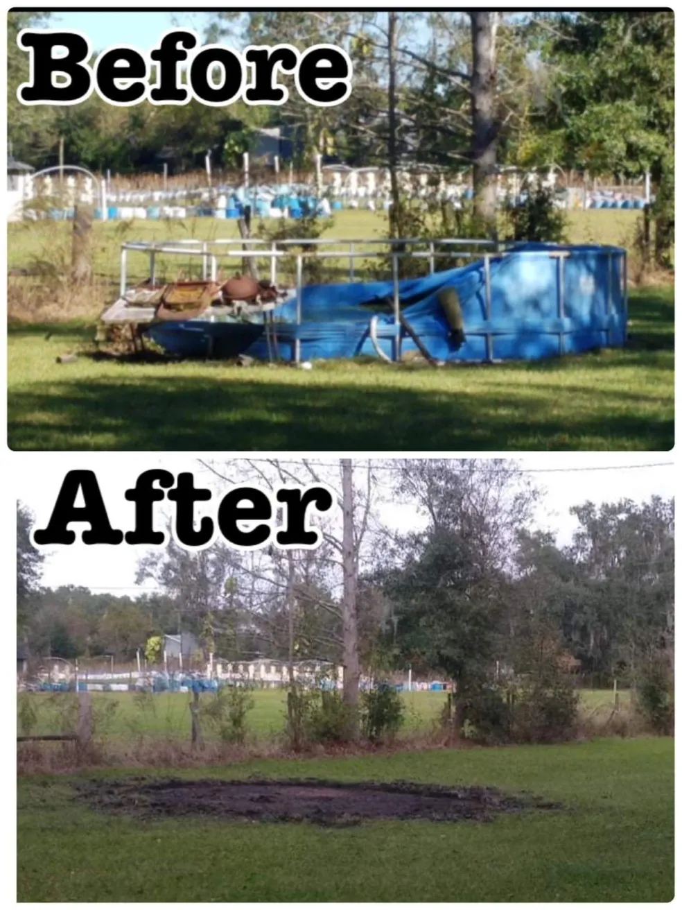 Before and after of an above ground pool disassembled and hauled away by Bargain Junk Removal, leaving bare grass.