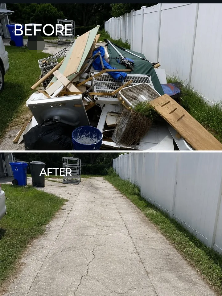 Before and after of a driveway piled with a sink, lumber, shelving, fans, and bagged trash along a white fence, cleared back to a clean concrete driveway.