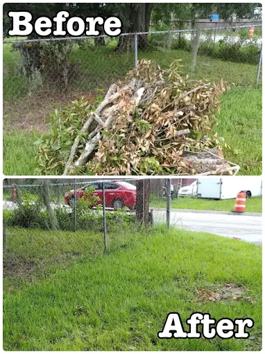 Before and after of a pile of tree limbs and brush removed from a grass strip along a fence line.