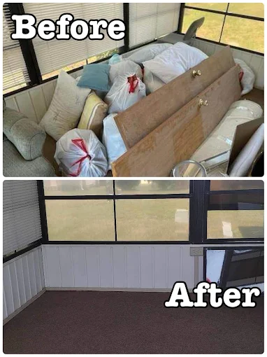 Before and after of a screened porch piled with cushions, bagged bedding, and cabinet doors, cleared to an empty floor.