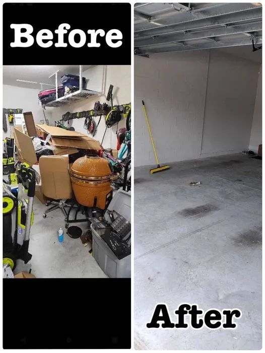 Before and after of a cluttered residential garage cleared and swept clean by Bargain Junk Removal.