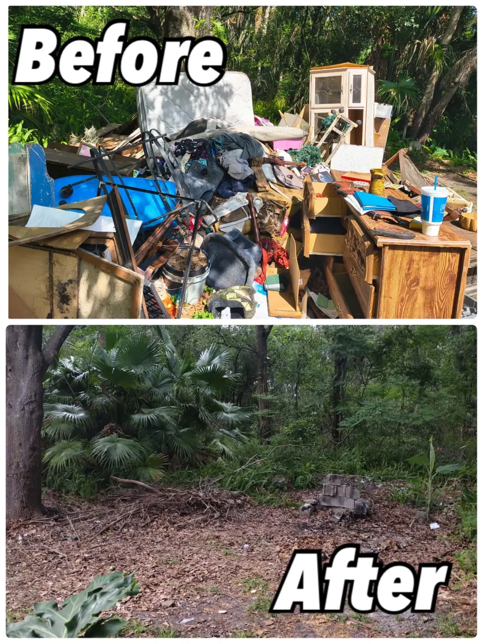 Before and after of a large outdoor junk pile — furniture, mattresses, and household items — cleared from a wooded property by Bargain Junk Removal.