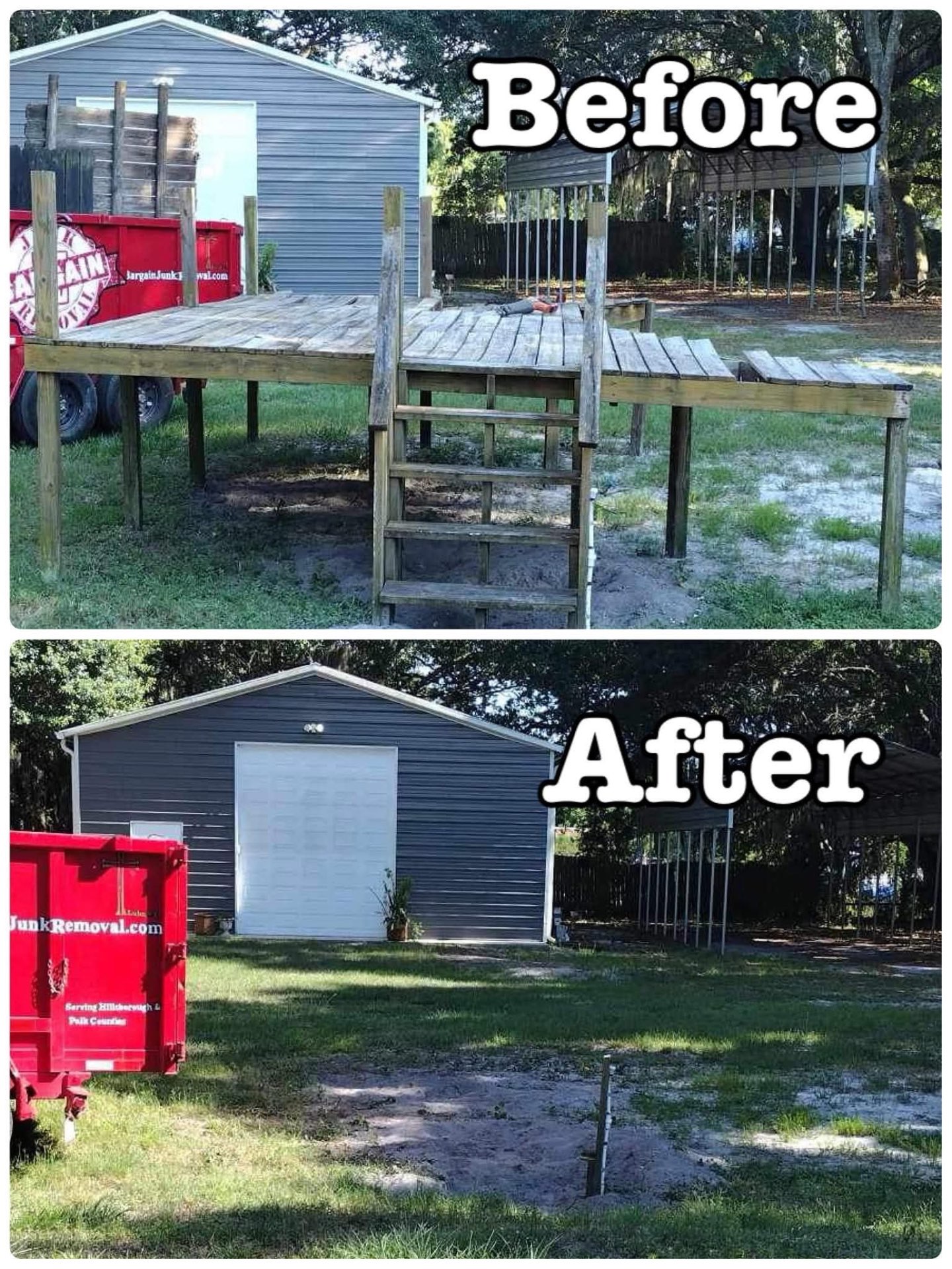 Before and after of a wooden backyard deck fully demolished and hauled away, leaving cleared ground.